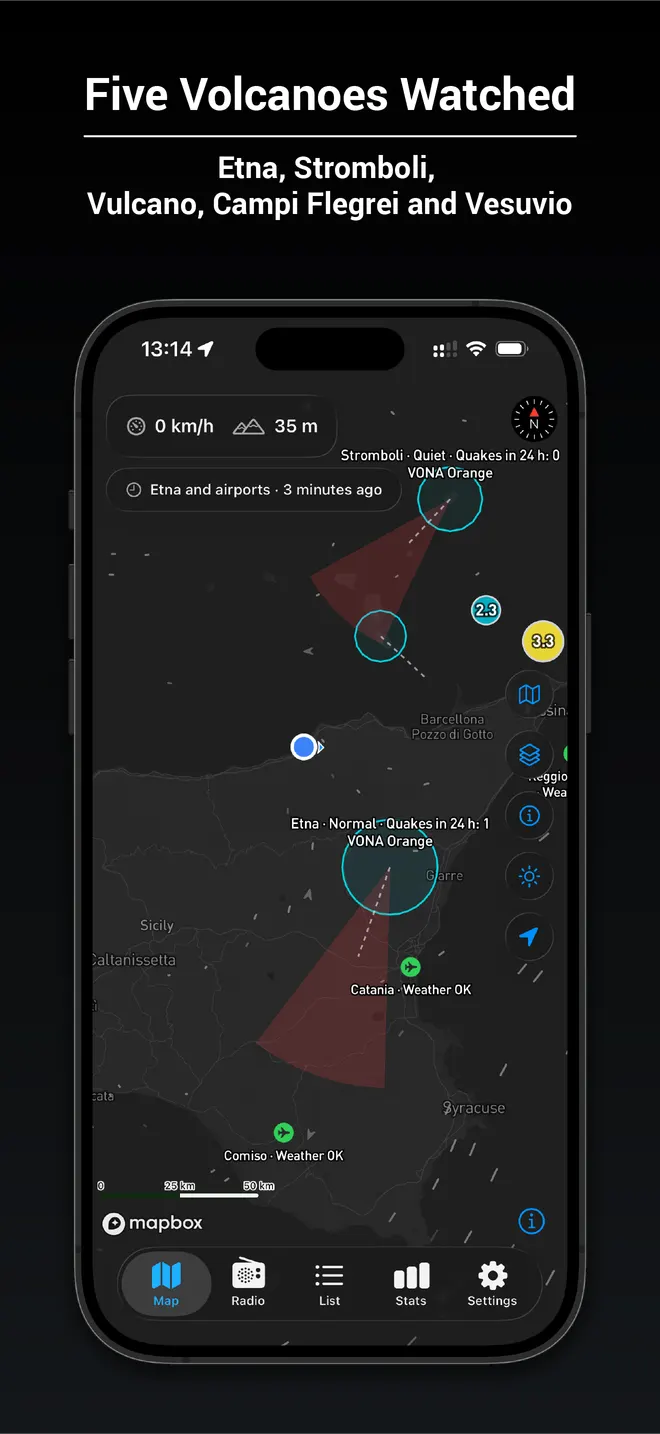 Map with five watched volcanoes, their unrest rings and official colour codes