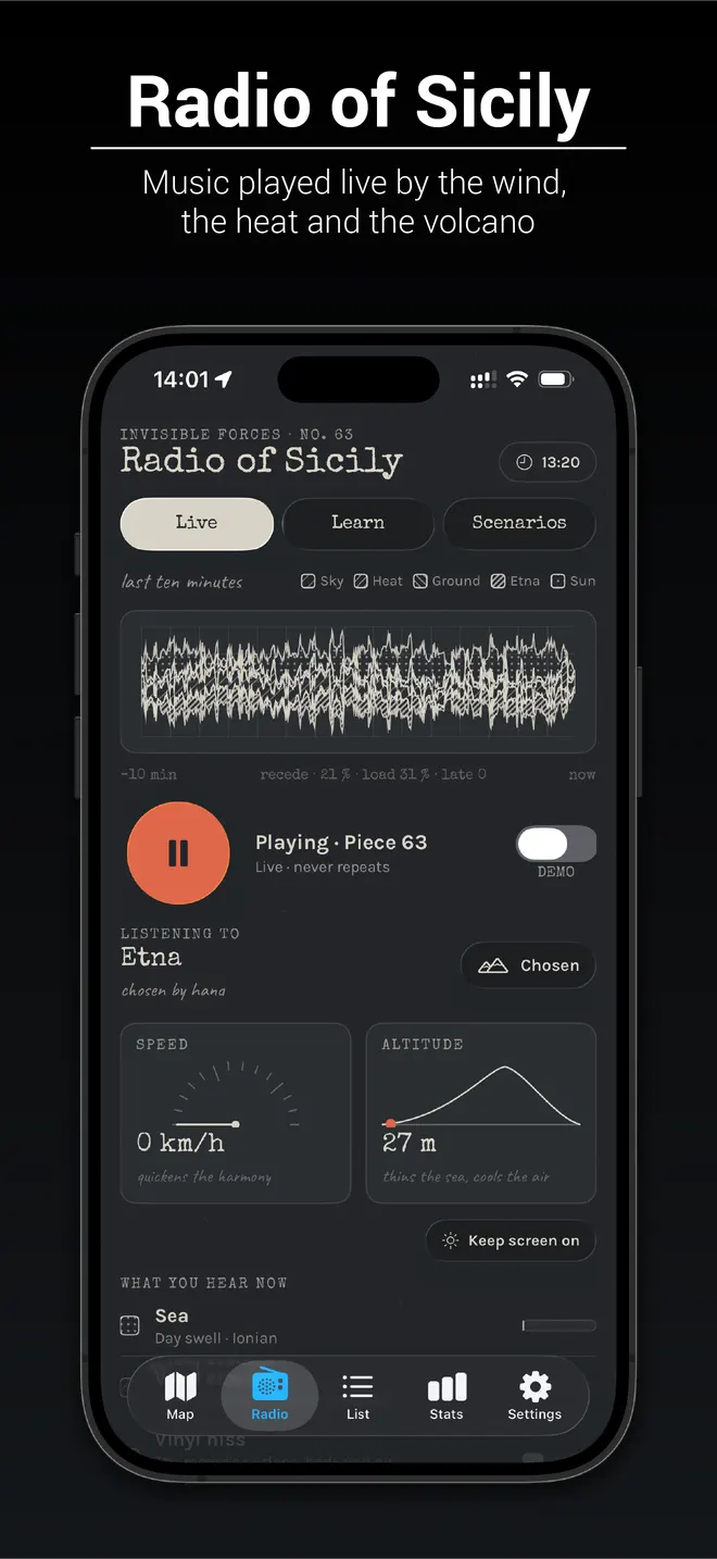 Radio of Sicily playing, with the volcano it listens to, speed and altitude