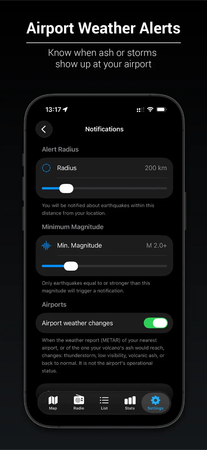 Notification settings with airport weather alerts switched on