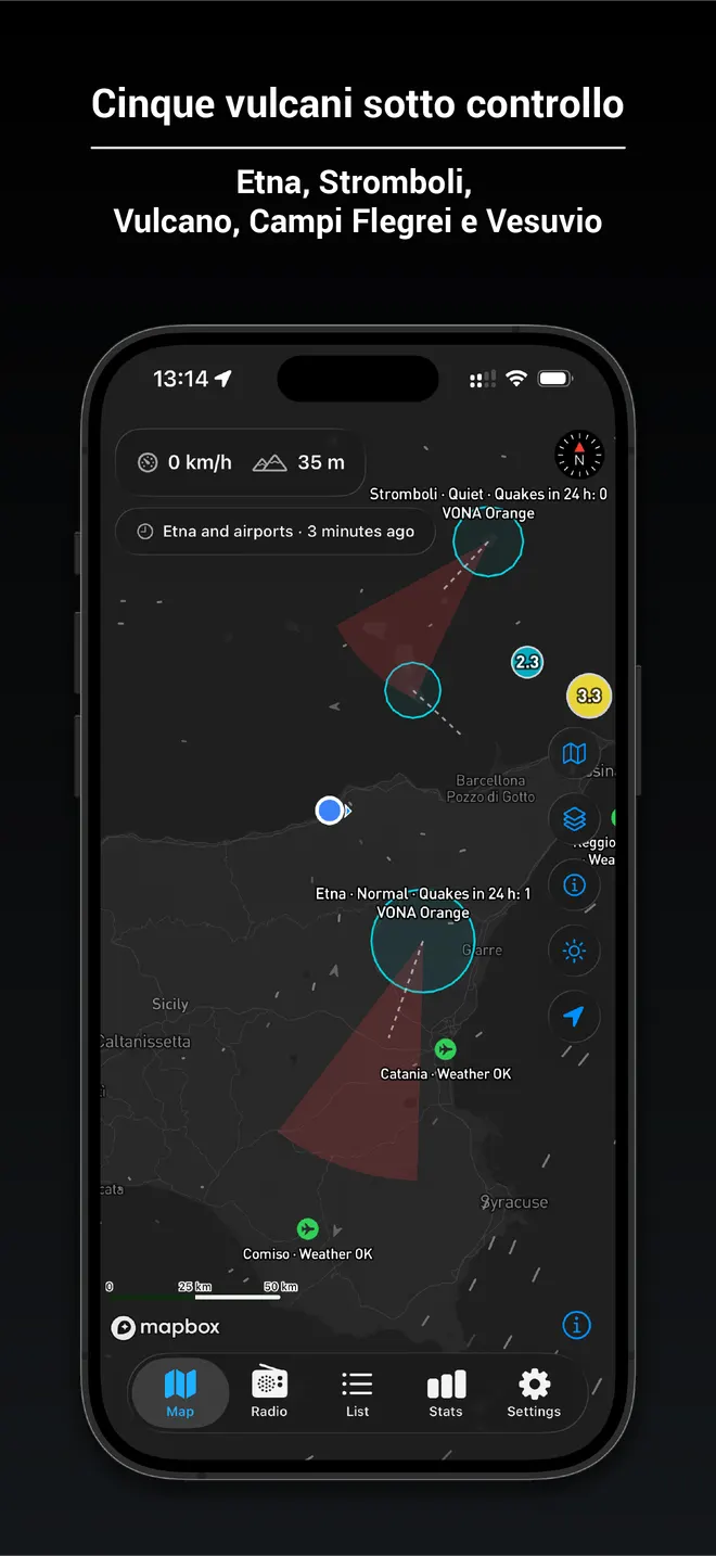 Mappa con i cinque vulcani sorvegliati, i loro anelli di attività e i codici colore ufficiali