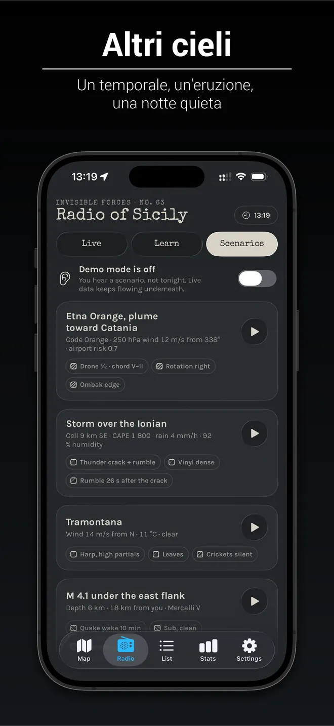 Scenari: la radio sotto un temporale, un’eruzione o una notte quieta