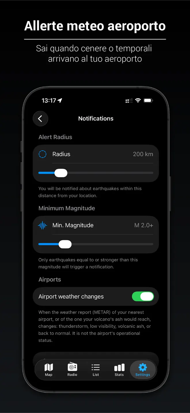 Impostazioni delle notifiche con gli avvisi meteo degli aeroporti attivi